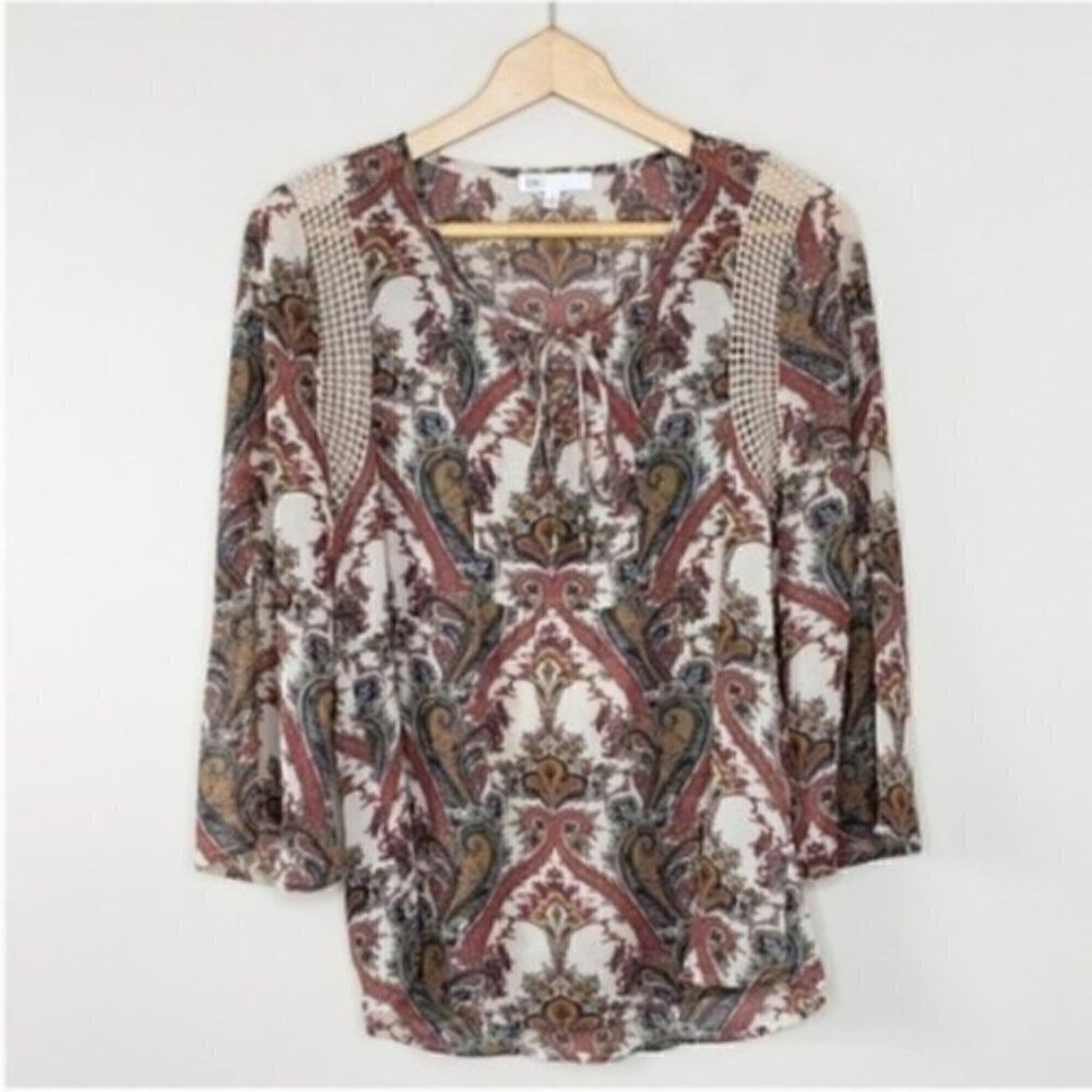 DR2 Brown Beige Semi-Sheer Paisley Print Blouse Size Small